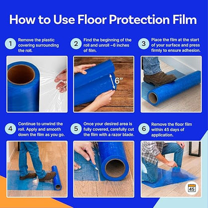 Floor Protection Film, 48" x 200', Made in USA, Blue Self Adhesive Floor Protector Tape for Moving, Painting and Construction, Temporary Covering to Shield Hardwood, Tile, Hard Surfaces