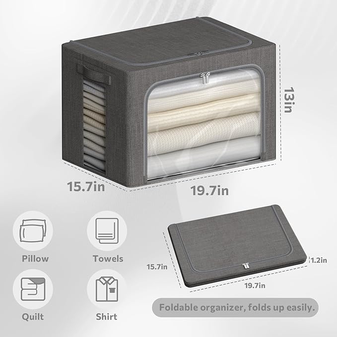 CYhom 4 Pack Clothes Storage Bins with Metal Frame - Linen Fabric Foldable Stackable Container Organizer Set with Clear Window & Carry Handles & Zippers (Dark Gray, 19.7"x15.7"x13")