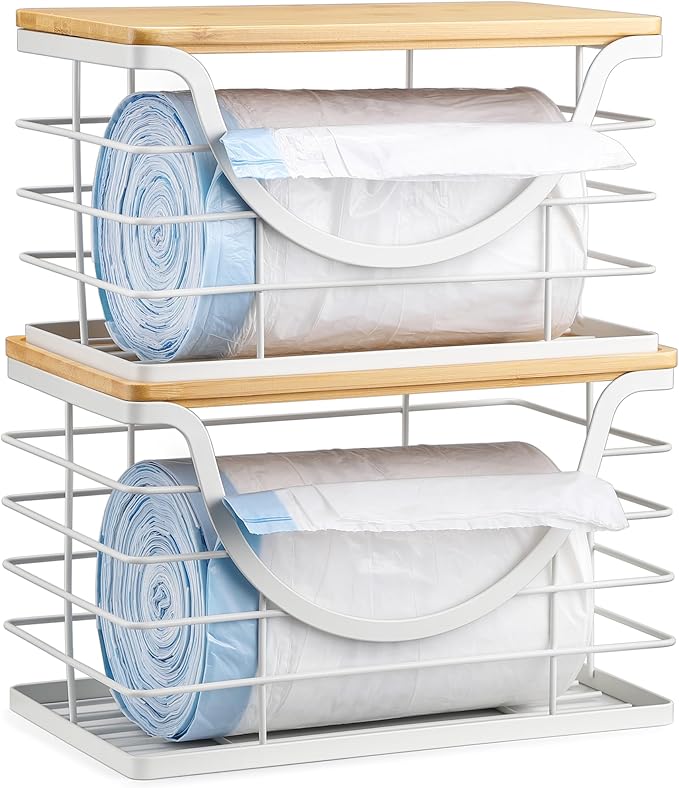 Extra Large Trash Bag Holder Stackable Kitchen Storage White, 2 Pack Wall Mounted Pantry Organizers and Storage with Bamboo Top, Garbage Bag Dispenser Under Sink for Laundry Room and Kitchen