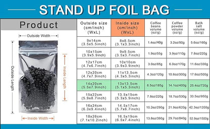 FERENLI 100 Pieces Zipper Lock Stand Up Clear Front Resealable Aluminum Mylar Foil Plastic for Zip Packaging Bag Heat Sealable Lock with Tear Notch Long Term Food Storage 5.5x7.9 inch