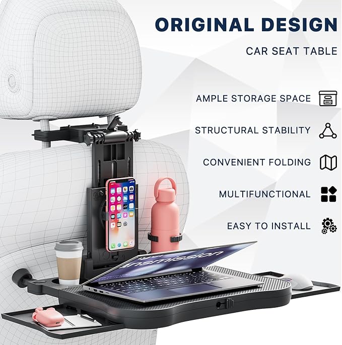 Car Back Seat Tray Table, Stable Foldable Auto Backseat Food Trays Desk for Rear Passenger Road Trip Eating & Work, Multifunctional Adjustable Travel Tray with Phone Drink Holder for Laptop iPad