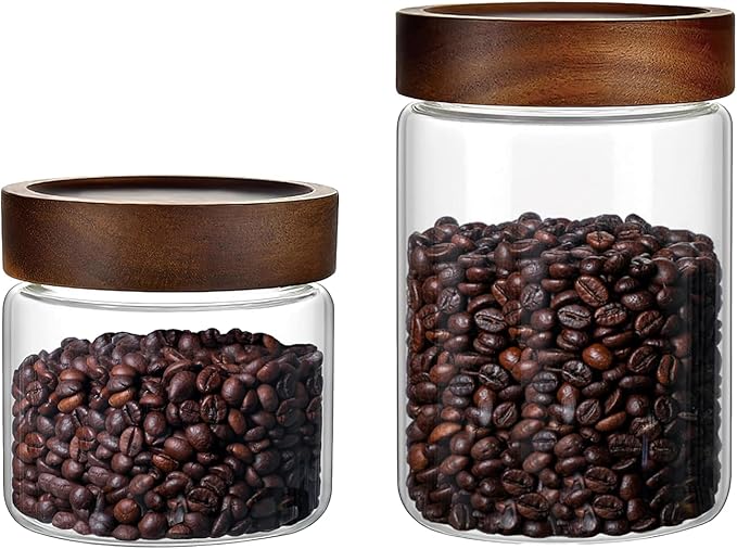 Set of 2 Glass Food Storage Jars, Premium Clear Glass Container Jar with Airtight Wooden Screw Lid, Kitchen Canisters for Coffee,Tea,Pasta,Cookies, Nuts,Spice,Candy,Overnight Oatmeal