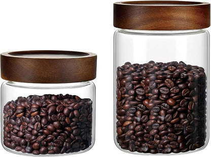 Set of 2 Glass Food Storage Jars, Premium Clear Glass Container Jar with Airtight Wooden Screw Lid, Kitchen Canisters for Coffee,Tea,Pasta,Cookies, Nuts,Spice,Candy,Overnight Oatmeal