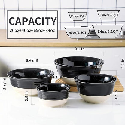 HASENSE Large Ceramic Mixing Bowls, 2.1/1.5/1.0/0.5 Qt Serving Bowls for Kitchen, Nesting Salad Bowls Set for Mixing, Cooking, Baking, Fruit, Side Dishes, Holiday Serving Dishes, Set of 4, Black
