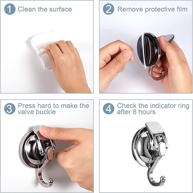 Heavy Duty Vacuum Suction Cup Hooks, Silver Plated Polished Super Suction for Kitchen Bathroom, 2 Pack