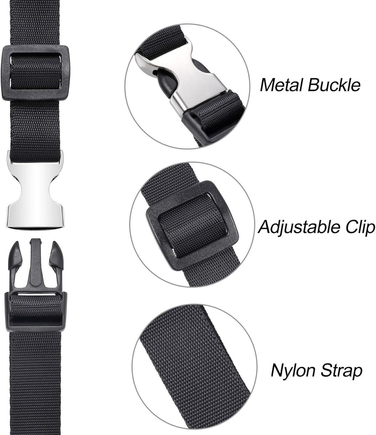 Buckle Straps with Clips, Adjustable Nylon Straps with Buckle, 4 Pack (Black-Metal, 4‘x0.75“)