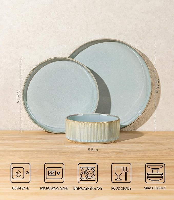 Ceramic Dinnerware Set for 8, 24-Piece Plates and Bowls Set | Lightweight