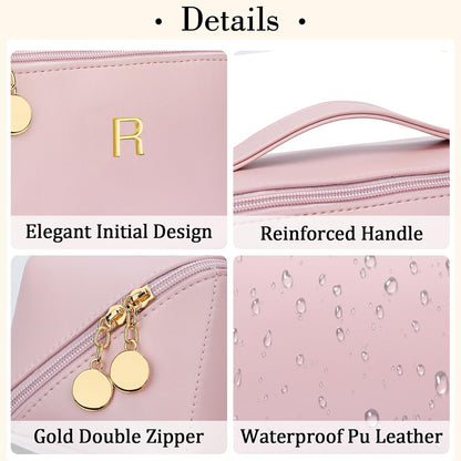 Birthday Gifts for Women Teen Girl, Personalized Initial Makeup Organizer Bag Set, Open Flat Travel Cosmetic Bag With Clear Divider and Handle(Pink,R)
