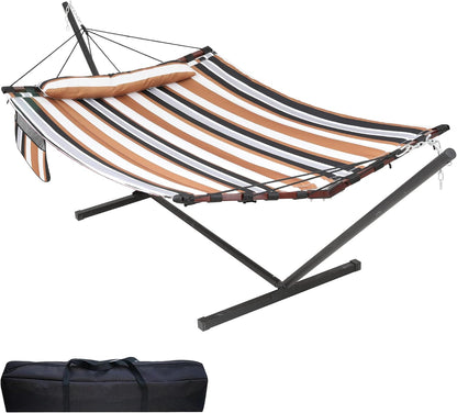 TegerDeger 12FT 2 Person Hammock with Stand Included 55 x 79IN Large Hammock 450LB Capacity with V Shaped Hardwood Spreader Bar & Nylon Rope for Outside, Patio, Garden, Backyard, Beach- Coffee Stripes