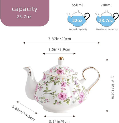 Flower Ceramic Teapot,22oz Porcelain Tea pot for Tea Coffee Milk for Office Home Men Women as Gift (White and big flowers)