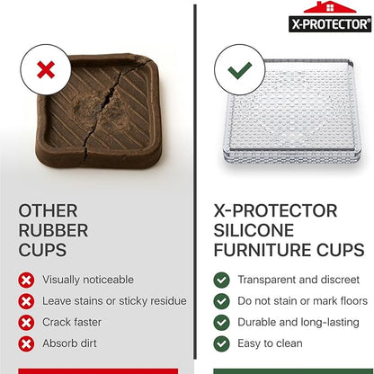 X-Protector Furniture Cups - 4 PCS 2.2" - Non Slip Furniture Pads for Hardwood Floors - Transparent Floor Protectors - Bed Stoppers to Prevent Sliding - Keep Furniture from Sliding on Floor! (Square)