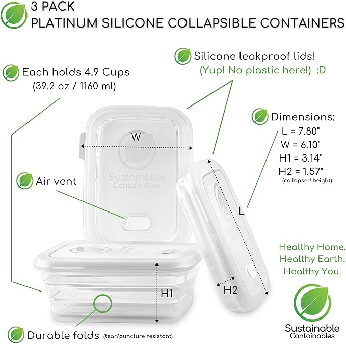 Premium Silicone Collapsible Food Storage Containers with Silicone Leakproof Lids, Platinum Food-Grade, BPA Free, LFGB Certified, Compact, Reusable Lunch Box, Microwave Safe, 4.9 Cups 3 Pk
