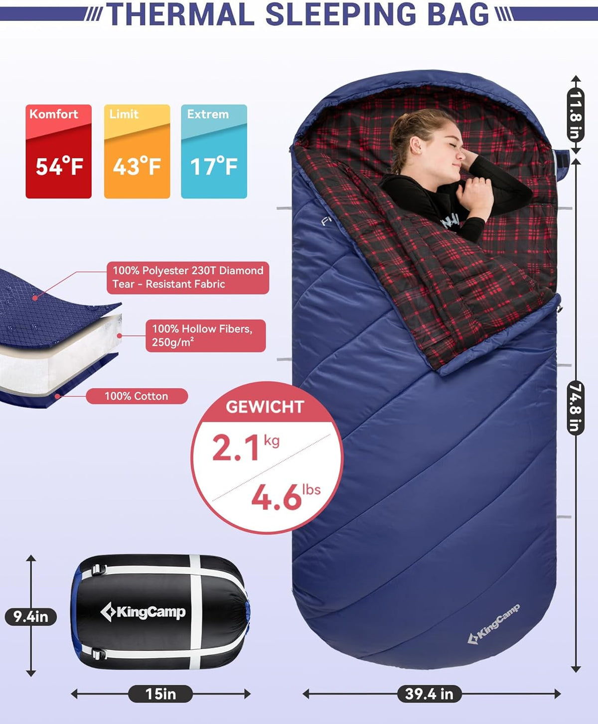 KingCamp Sleeping Bag for Adults, Cold Weather & Warm Extra Wide Big & Tall XL Portable Waterproof Flannel Sleeping Bags, Essentials Gear Accessories for Camping Backpacking Hiking Indoor & Outdoor
