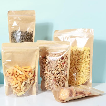 150-pack 4.7” x 7.9” Stand Up Kraft Paper Mylar Bags with Clear Window Resealable Foil Pouches for Food Storage Smell Proof Edible Packaging Bag for Small Business, Bulk