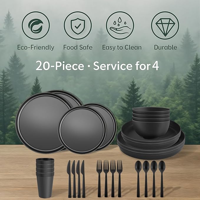20 Piece RV & Camping Dinnerware Set, Elegant Ceramic-Look Large Bowls & Plates, Unbreakable & 100% Microwave Safe, Melamine Alternative Service for 4, Pastel