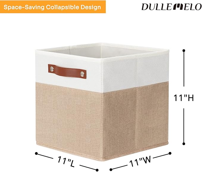 DULLEMELO 11 inch Cube Storage Bins,Fabric Storage Cubes for Organizing,Collapsible Foldable Linen Canvas Closet Storage Bins for Shelves Closet Bedroom Toys Home Office(White&Khaki)
