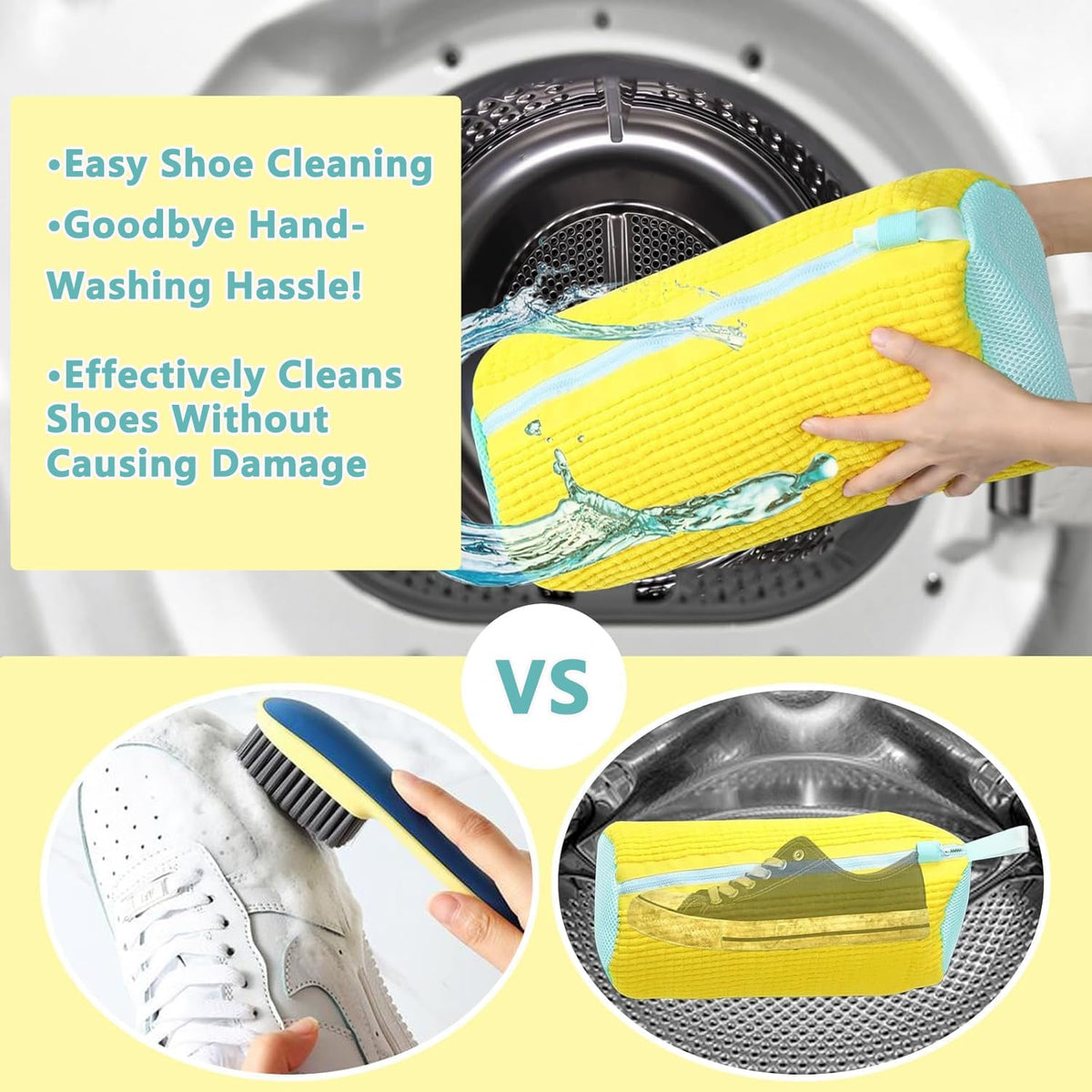 2Pcs Shoe Washing Machine Bags, Laundry Shoe Bags for Washer and Dryer, Sturdy Zipper with Hook Design, Reusable Washing Bag for Sneaker, Tennis, Fits All Shoe Types & Sizes, （Yellow 2 Packs）