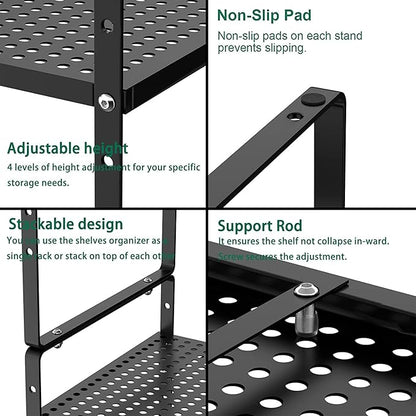 iPEGTOP 3 Pack Large Expandable Cabinet Storage Shelf, Heavy Duty Stackable Steel Metal Spice Rack Adjustable Height Home Office Pantry Garage Shelves for Counter Kitchen Organization, Black