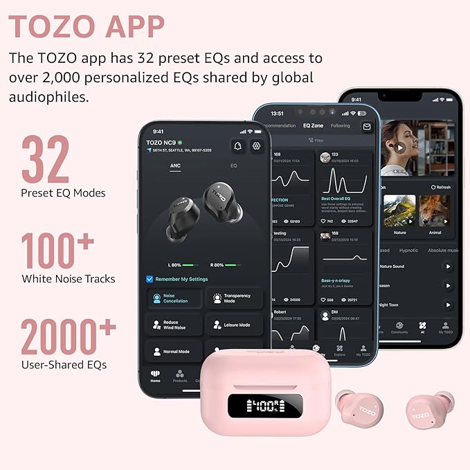 TOZO NC9 Hybrid Active Noise Cancelling Wireless Earbuds, 6 Mics ENC Clear Call, IPX8 Waterproof, in Ear Bluetooth 5.3 Headphones Stereo Bass Ear Buds 59H Playtime with LED Display 32 EQs via APP