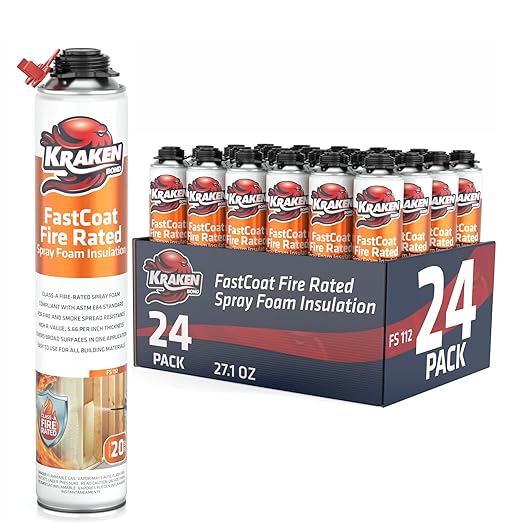 Kraken Bond Fastcoat Fire Rated Spray Foam Insulation Closed Cell in a Can 480 sq ft (24x27.1 oz.) (R-Value 11.32 / 2in) - Spray Foam for Garage Door, Attic, Wall Gun & Cleaner Not Included, 24 Pack