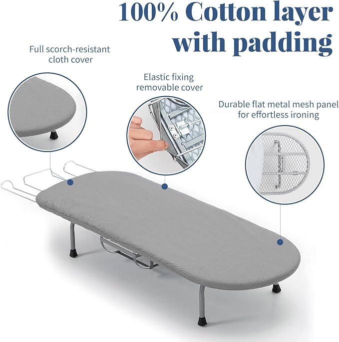 Small Ironing Board with Iron Holder, RAINHOL Countertop Mini Ironing Board Tabletop with Non-Slip Feet, Travel Foldable Iron Table for Small Space, Grey