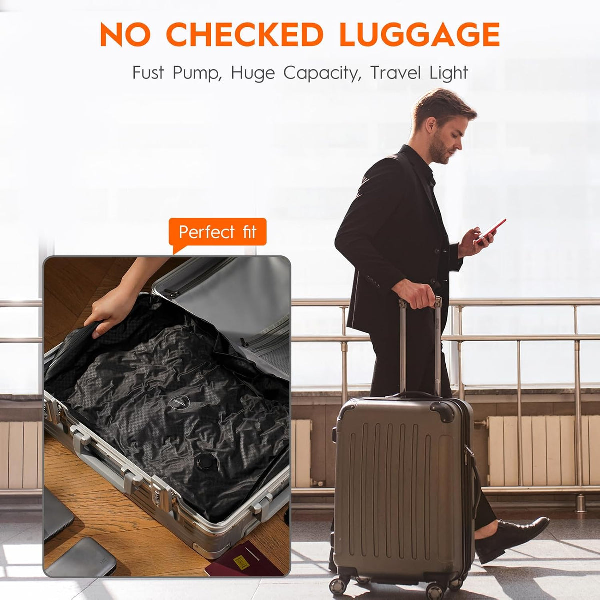 Vacuum Compression Bags with Wireless Pump – Space Saver Compression Bags for Luggage, No Checked Baggage, Triple Your Luggage Space, IP68, Reusable, Fits 20/24/28 Inch Suitcase (No Tracker)