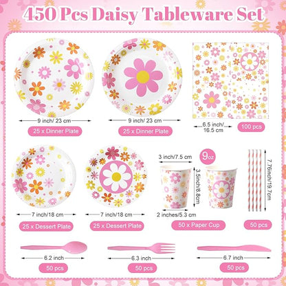 450 Pcs Daisy Groovy Tableware Set Decorations, Serves 50 | Boho Daisy Flower
