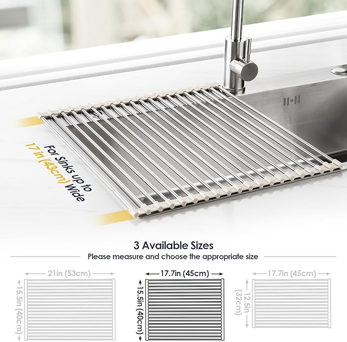 Tomorotec 17.7" x 15.5" Roll Up Dish Drying Rack Over Sink Drying Rack Sink Cover Kitchen Sink Accessories Gadget Multipurpose Organizer Foldable Stainless Steel Drainer