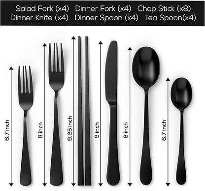 Upgraded 18/8 Stainless Steel 28-Piece Flatware Cutlery Set(Black)-Silverware set for 4-Luxurious Home Kitchen Dinnerware Sets-Great Kitchen Accessories-Perfect House Warming/Christmas Gift