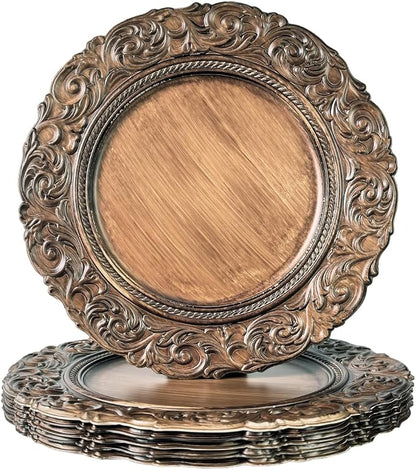 Brown Charger Plates Set of 6, Faux Wood Plate Chargers, 13 Inch Plastic Charger