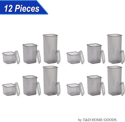 T&D HOME GOODS Storage Jars with Lid, Airtight, Set of 12 Storage Containers, BPA-Free, Storage Container for Cereal, Flour, Kitchen, Practical Organiser Kitchen, (12, 3 Square diff size)