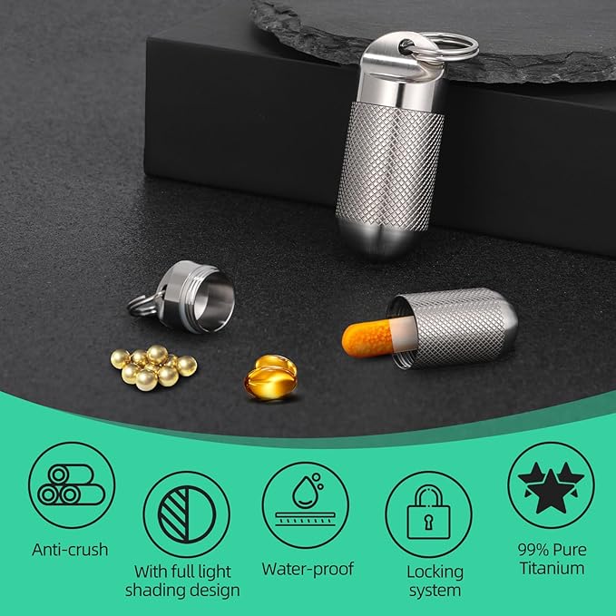 Titanium Keychain Pill Holder Waterproof Lightweight Portable Pocket Mini Pill Case for Emergency Medicine Travel Fits Daily Purse Wallet Small Pill Box Containers (Large)