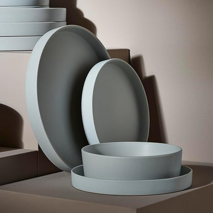 Stone by Mercer Project MODAN 24-Piece Stoneware Dinnerware Set, Plates and Bowls Sets, Dish Set for 8, Blue-Grey