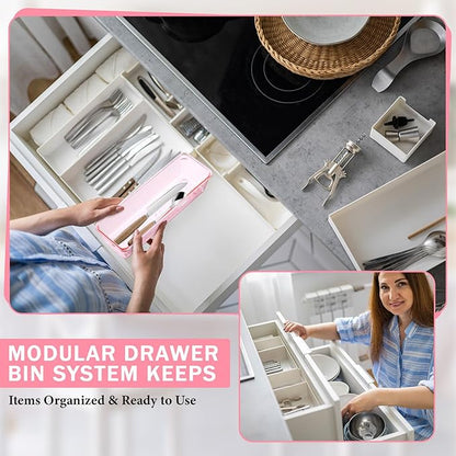 Maitys 12 Pcs Vanity Drawer Organizer 9 x 3 x 2 Inches Clear Plastic Utensil Organizers Kitchen Drawers Dividers for Office Desk Silverware Kitchen Utensils Cosmetics and Bathrooms(Pink)