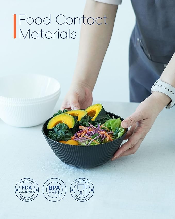 30 OZ Max Cereal Soup Bowl Set of 6, Opal Glass 7.2 inch Black Ribbed Bowls for Ramen, Noodle, Salad, Fruit, Dishwasher and Microwave Safe
