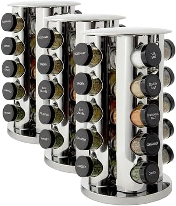 Kamenstein 20 Jar Revolving Countertop Spice Rack with Spices Included, FREE Spice Refills for 5 Years, Polished Stainless Steel with Black Caps, 30020 (Pack of 3)