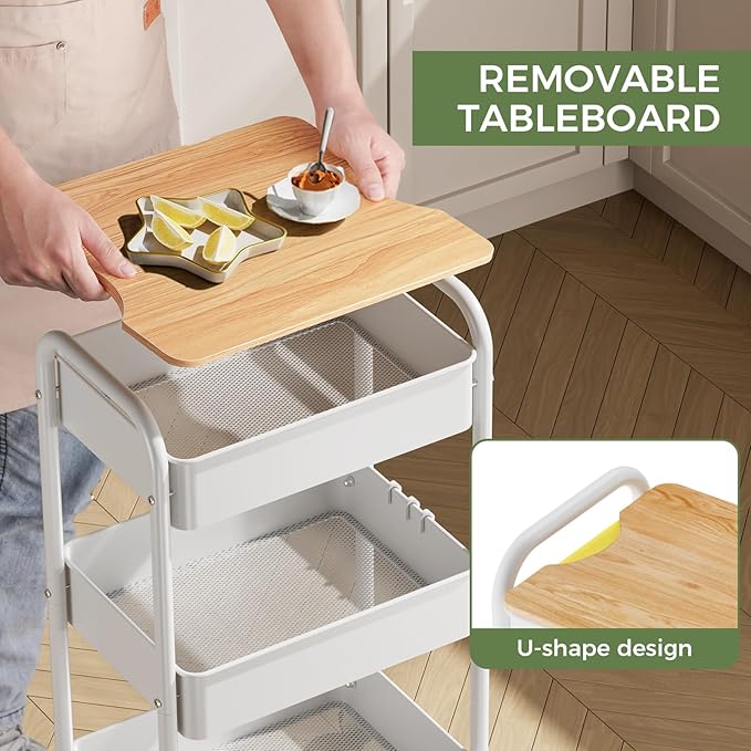 3 Tier Rolling Cart with Table top, Metal Rolling Utility Cart on Wheels, Sturdy Storage Organizer Cart with Hooks for Office, Classroom, Kitchen and Bathroom (White)