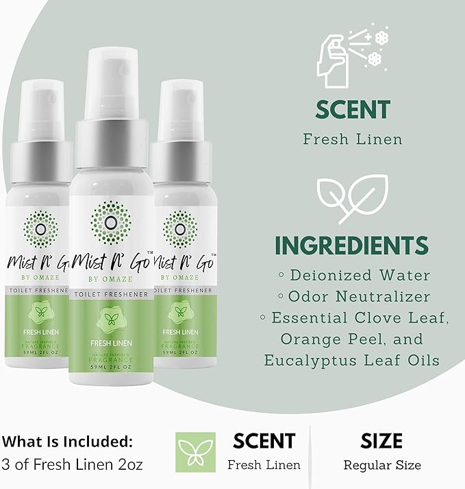 Mist N’ Go by Omaze Travel Bathroom Spray for Toilet Spray Odor Eliminator - Travel Toilet Spray for Bathroom Air Freshener Spray for Bathroom Deodorizer - Fresh Linen Regular Size (2oz x3)