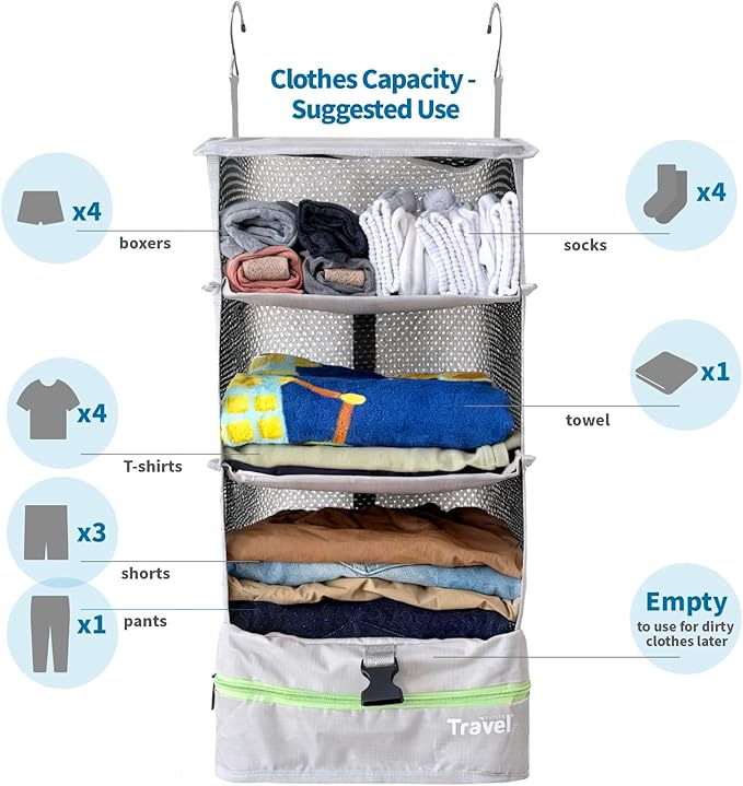 Grand Fusion Stow-N-Go Portable Hanging Travel Shelves, Packing Organizer for Luggage. Carry on Closet with Hanger for Clothes. Expandable Packing Cube. Travel Essentials, Light Gray - L