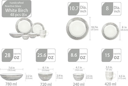 48 Piece Dinnerware Set, Ceramic Plates and Bowls Sets for 8, Microwave and Dishwasher Safe, Handcrafted Tree Bark Series Dish Set, White Birch