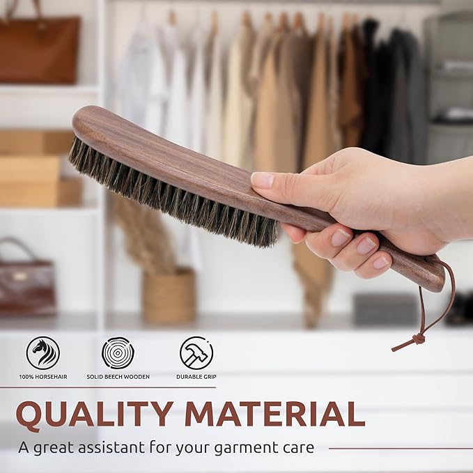 Lint Brush for Clothes with 100% Soft Horse Hair Bristle, Large Walnut Wood Handle, Lint Remover for Hat, Pet Hair, Suits, Cashmere, Wool, Velvet, Suede, Shoe