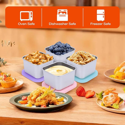 4 Pack Stainless Steel Snack Containers, 6oz Snack Box with Silicone Lids,Stackable Portable Small Food Storage Container for Picnic,Travel,School,Office,and Daycare