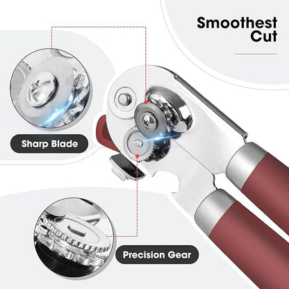 Beneno Heavy Duty Hand Can Opener Manual with Magnet, Durable Sharp Carbon Steel Blade Smooth Cutting, Big Effort-Saving Knob & Soft Grip Handle, Multifunctional Kitchen Tool with Bottle Opener, Red