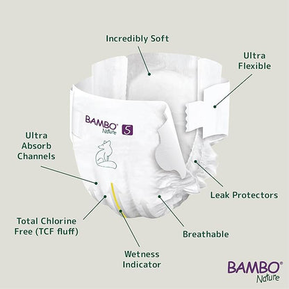 Bambo Nature Premium Baby Diapers - Green Bag, Size 5, 132 Count
