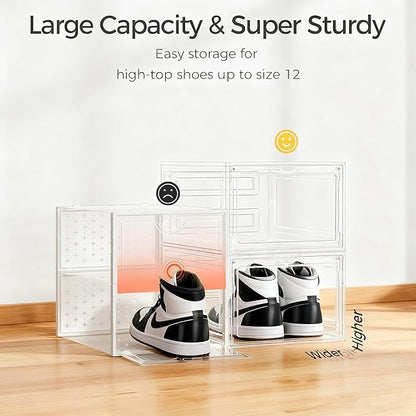 Pinkpum Upgraded Hard Shoe Storage Box 12 Pack X-Large Fit Size 12, Thicken & Sturdy Clear Plastic Stackable Shoe Organizer Box Closet, Sneaker Storage Display Case Holder Bins with Magnetic Door