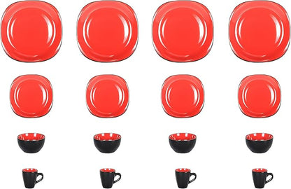 Stoneware Square 16pc Dinnerware Set, Inside Shiny Red + Outside Matte Black