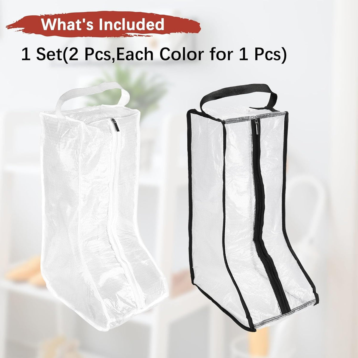Boot Storage Bags [2PCS] - Plastic Tall Boot Carry Bags Clear Shoe Bags with Handle for Travel & Daily Use - [White, Black] Waterproof & DustProof Boot Bags for Cowboy Boots