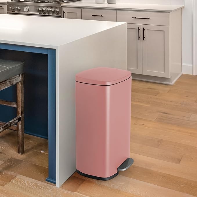 8 Gal Kitchen Trash Can, 30L Recycling or Garbage Bin, Brushed Stainless Steel Waste Basket, Soft&Quiet Close Dustbin, with Step-On Pedal, Removable Inner Bucket, for Home, Office, Living Room