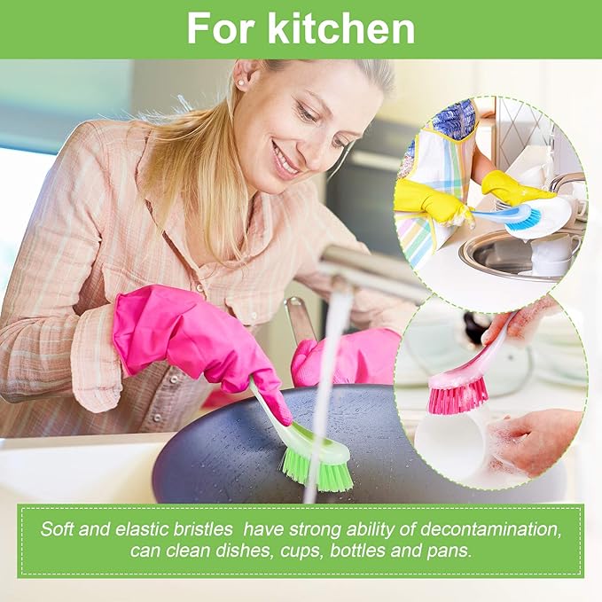5 Pieces Long Dish Brush with Handle Assorted Color Dishwashing Brush with Suction Cup Multipurpose Scrub Cleaning Tool for Kitchen, Toilet, Etc.