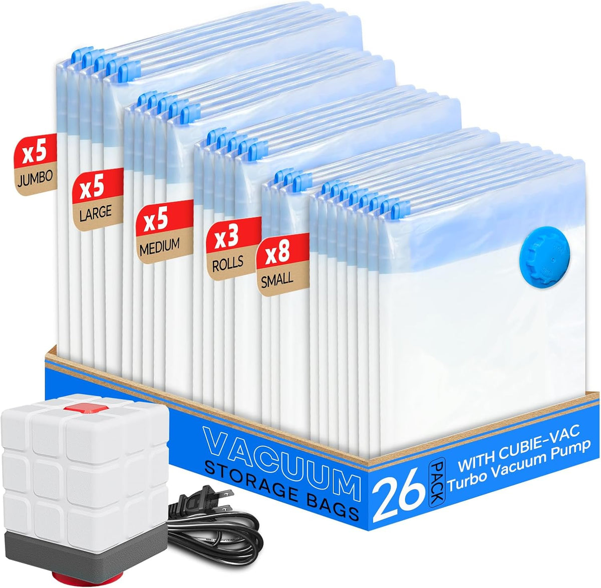 Vacuum Storage Bags for Clothing, 26 Pack Vacuum Seal Bags (5 Jumbo, 5 Large, 5 Medium, 8 Small, 3 Roll) for Clothes Comforters Blankets, Space Saver Bag with Electric Pump (2025 Upgrade)